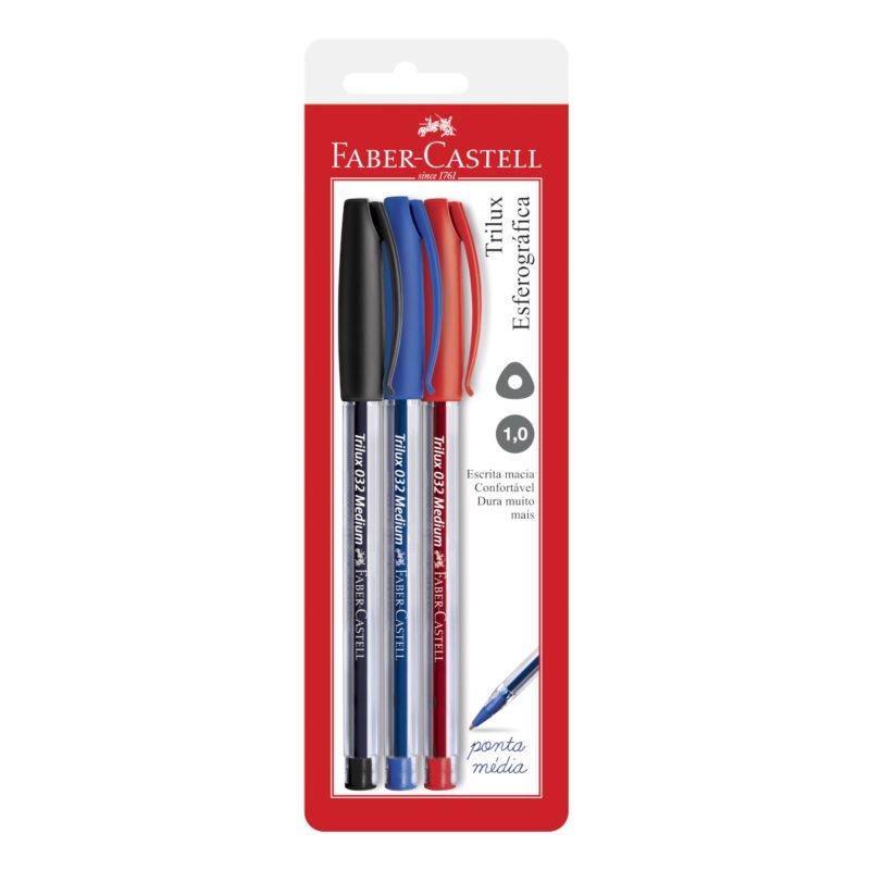 Caneta Esferográfica Trilux 1.0mm Azul Preto Vermelho 3 Un – Faber-Castell - 1