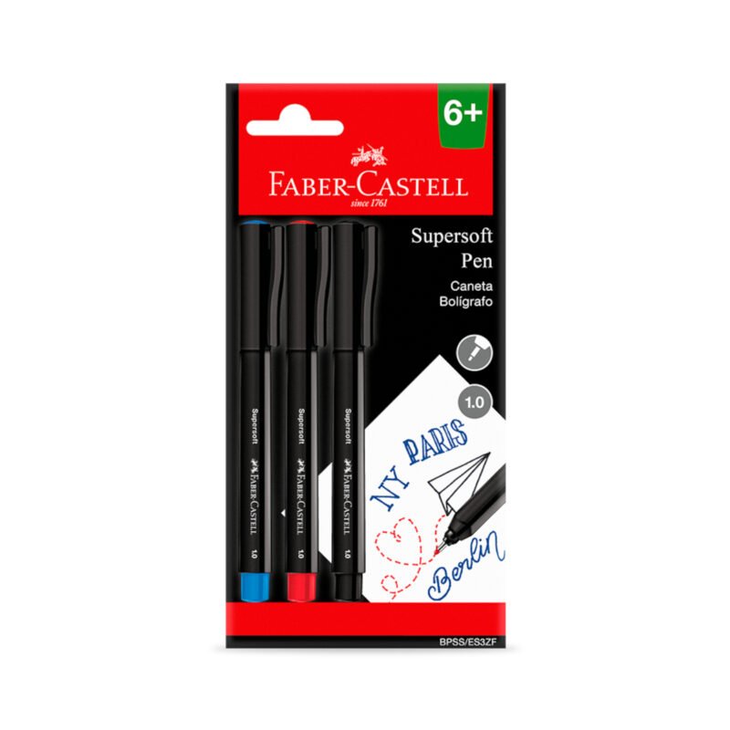 Caneta SuperSoft Pen 1.0mm 3 Cores Azul Vermelho e Preto - Faber-Castell - 1