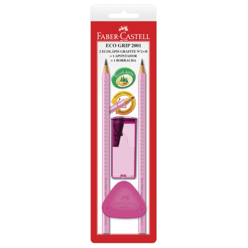 Lápis Grafite Eco Triangular Grip 2001 Rosa 2 Un + Apontador + Borracha - Faber-Castell - 1