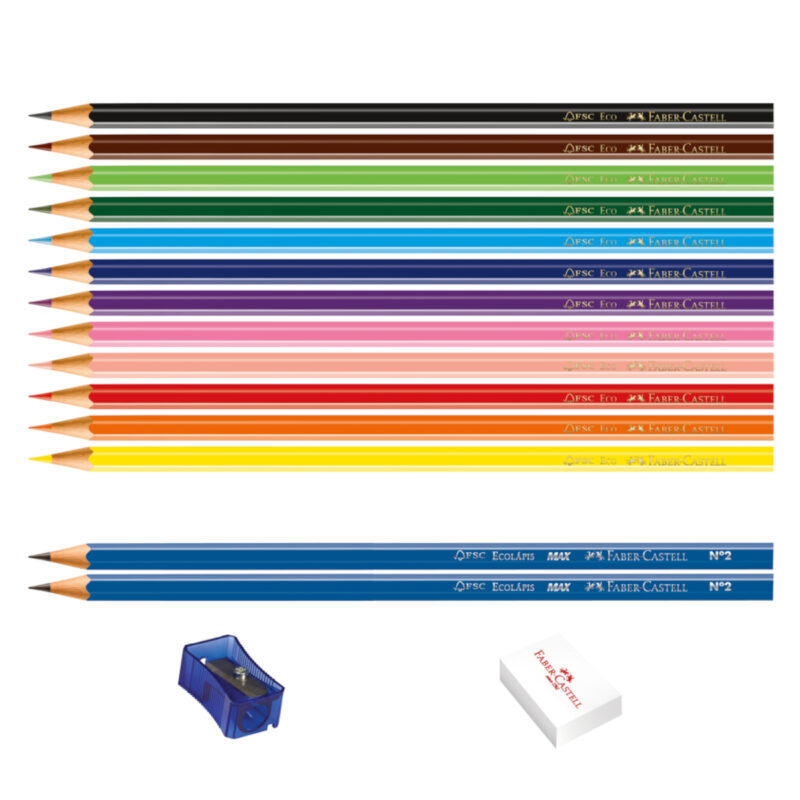 Lápis de Cor Eco Sextavado 12 Cores + 2 Lápis + Apontador + Borracha - Faber-Castell - 2 Lápis de Cor Eco Sextavado 12 Cores + 2 Lápis + Apontador + Borracha - Faber-Castell - 2