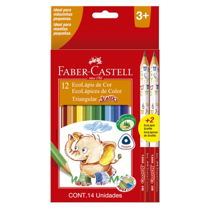 Lápis de Cor Eco Triangular Jumbo Longo 12 Cores + 2 Lápis – Faber-Castell - 1
